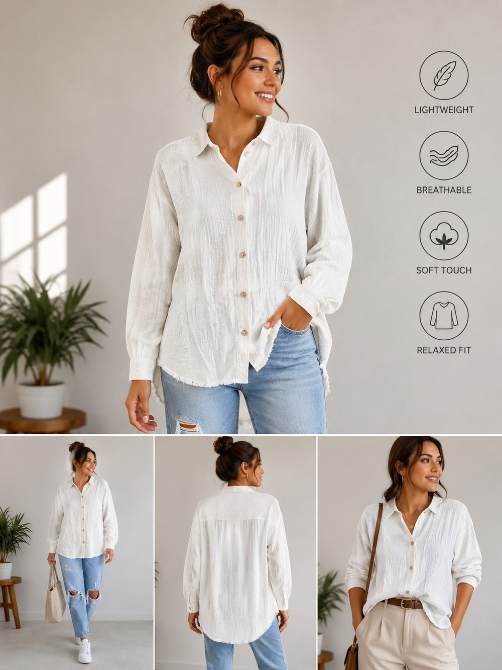 AEMI + CO Women's White Frayed Button Front Long Sleeve Shirt Size L NWT